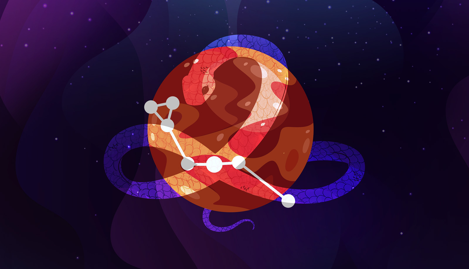 Pictorial representation of the APT Agonizing Serpens. An illustrated orange and red snake is highlighted by a red circle against a night sky. The constellation serpens.