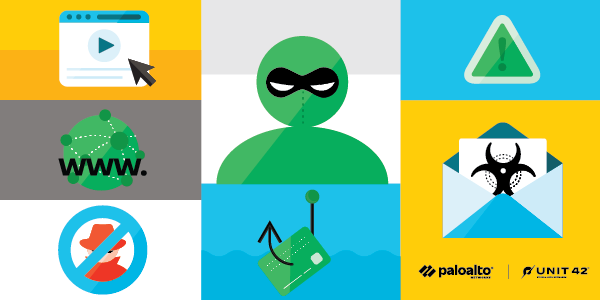 A collection of icons representing the dangers of clickbait sites. Warning icons, a figure wearing a mask, phishing and more. The Palo Alto Networks and Unit 42 logos.