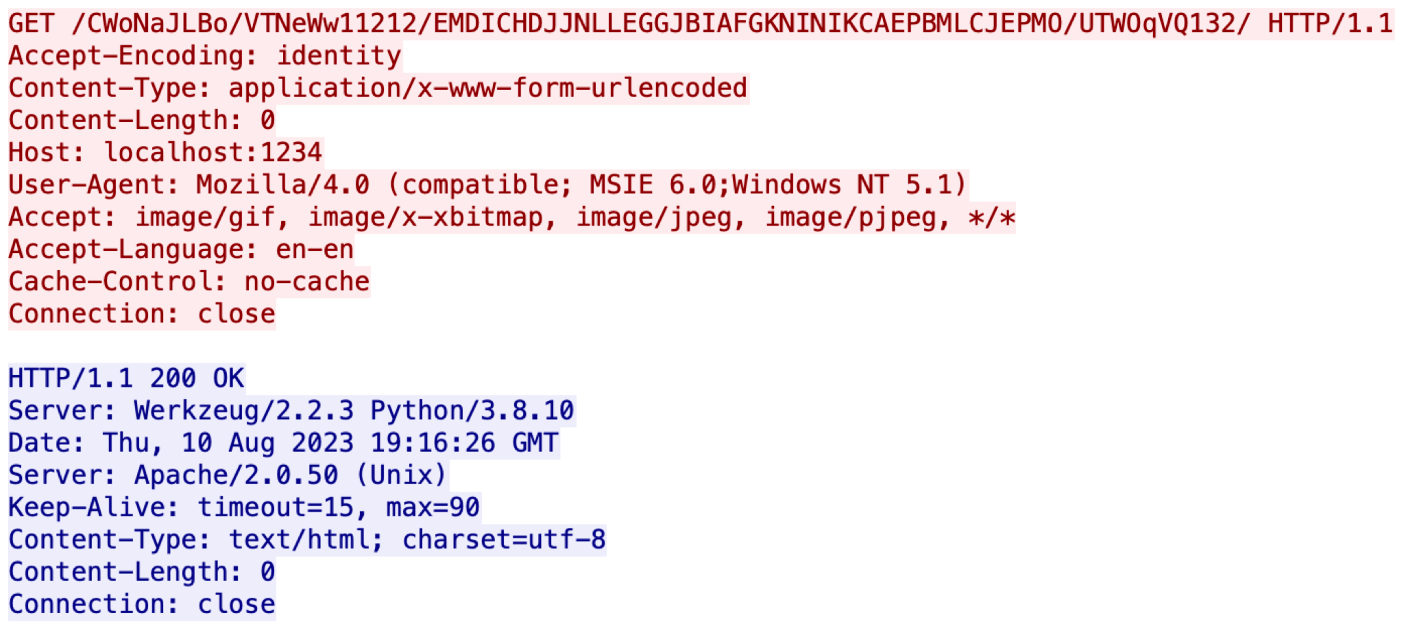 画像 3 は、2 つの別々のコード チャンクのスクリーンショットです。最初のものは赤で強調表示されています。2 番目は青で強調表示されています。これは、Malleable C2 プロファイルに基づいて Empire C2 が生成する HTTP トラフィックです。この情報には、サーバー、ユーザー エージェント、GET、日付などが含まれます。