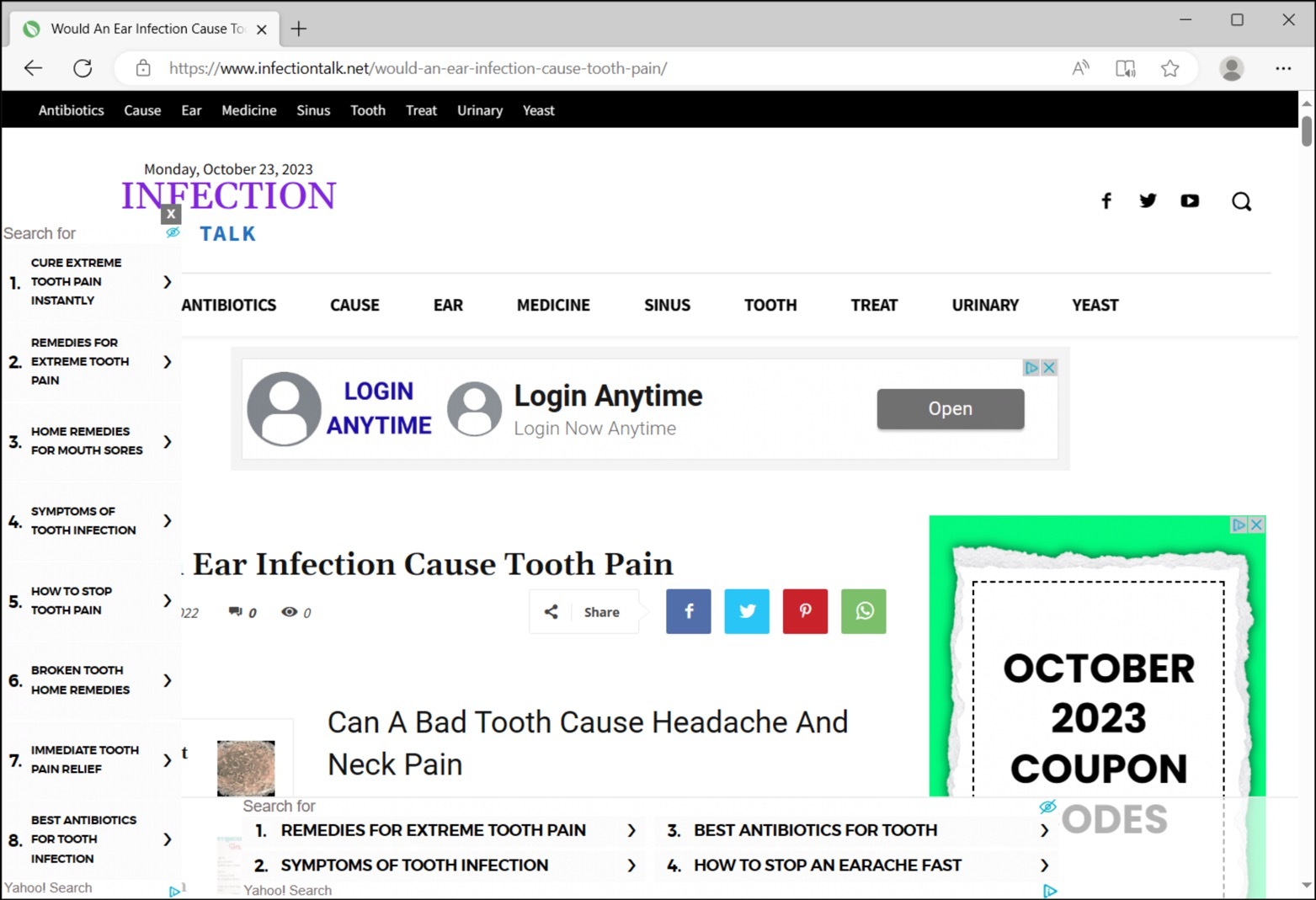 画像 2 は、健康をテーマにしたクリックベイト記事を公開している Web サイトのスクリーンショットです。Ear infection cause tooth pain. (耳の感染症は歯の痛みを引き起こす)Can a bad tooth cause headache and neck pain. (歯が悪いと頭痛や首の痛みが起こることがある)このサイトには、健康関連のトピック、広告、共有ボタン、その他のコンテンツ トピックを検索するためにクリックするオプションがあります。記事の公開日は 2023 年 10 月 23 日 (月) です。