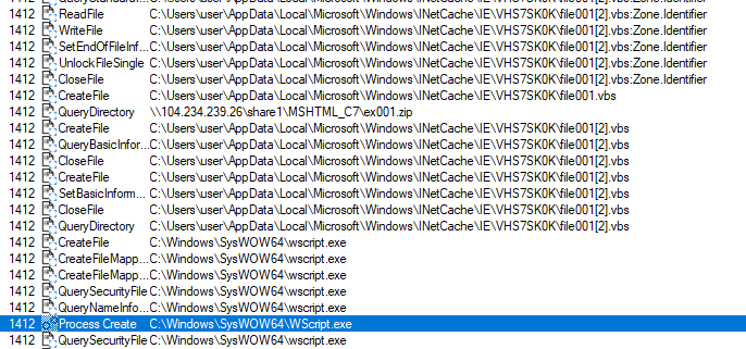 画像 27 は、WScript.exe が起動したさいのスクリーンショットです。この起動をしめす行が青で強調表示されています。 