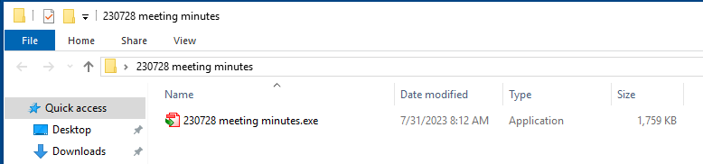 画像 1 は、230728 meeting minutes.zip アーカイブの内容のスクリーンショットです。この内容は 20230728 meeting minutes.exe です。名前、変更日、ファイルの種類とサイズの情報が含まれています。 