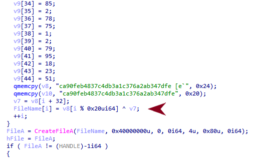 画像 4 は多数のコード行からなるスクリーンショットです。この疑似コードでは、赤い矢印で示した部分が暗号化されたファイルパスを示しています。