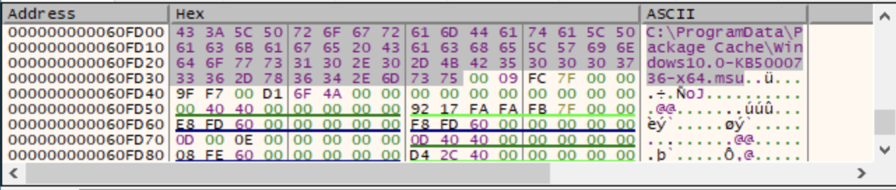 画像 5 は、実行時に復号化されたファイル パスのスクリーンショットです。Address、Hex、ASCII という 3 つの列が表示されています。
