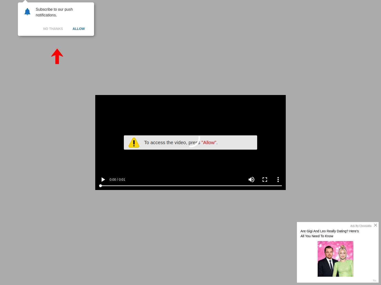 画像 3 は、偽の警告メッセージのスクリーンショットです。ビデオプレーヤーが埋め込まれています。Warning message: To access the video, press allow. 赤い矢印は、プッシュ通知を許可するかどうかの通知を指しています。No Thanks と Allow のオプションが表示されています。レオナルド ディカプリオとジジ ハディッドが一緒に写っている写真を使い、「本当にデートしているのかどうかを確認する」というクリックベイト広告もあります。 