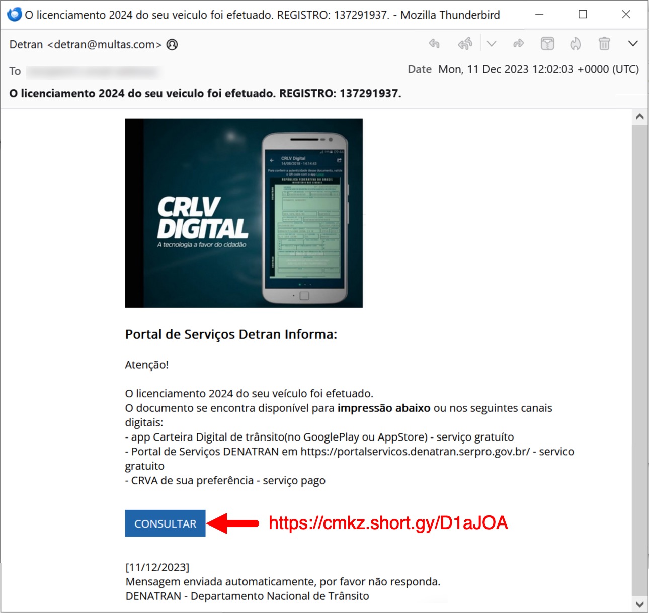 Mozilla Thunderbird の電子メールのスクリーンショット。言語はポルトガル語です。青い [CONSULTAR (相談する)] というボタンは、赤字で書いた URL にリンクしてあります。 