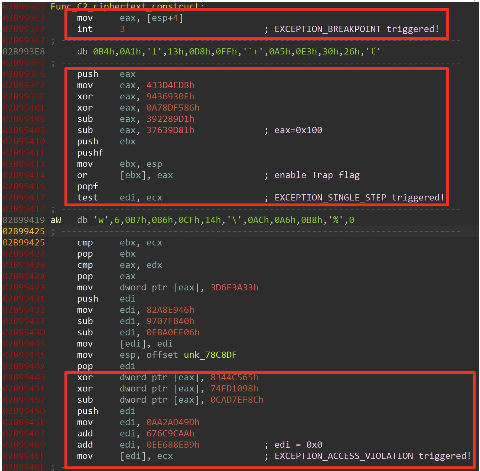 画像 4 は GuLoader サンプルの何行ものコードのスクリーンショットです。赤い枠で囲ってあるのは、解析対策用の命令です。 