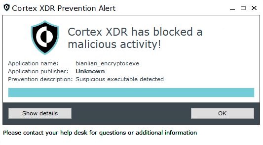 画像 13 は Cortex XDR Prevention Alert ウィンドウのスクリーンショットです。Cortex XDR has blocked a malicious activity!Application name: bianlian_encrypotr.exe. Application publisher: Unknown