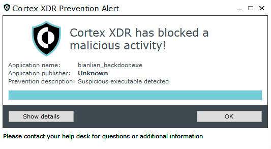 画像 15 は Cortex XDR Prevention Alert ウィンドウのスクリーンショットです。Cortex XDR has blocked a malicious activity!Application name: bianlian_encrypotr.exe. Application publisher: Unknown 