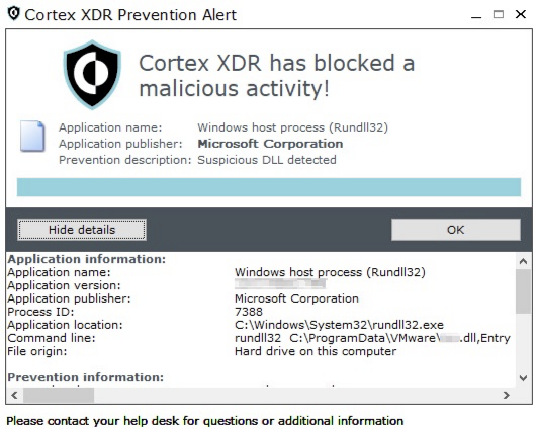 画像 8 は、Cortex XDR Prevention の Alert ウィンドウのスクリーンショットです。Cortex XDR has blocked a malicious activity!Application name: Windows host process. Application publisher: Microsoft CorporationFile origin: Hard drive on this computer.