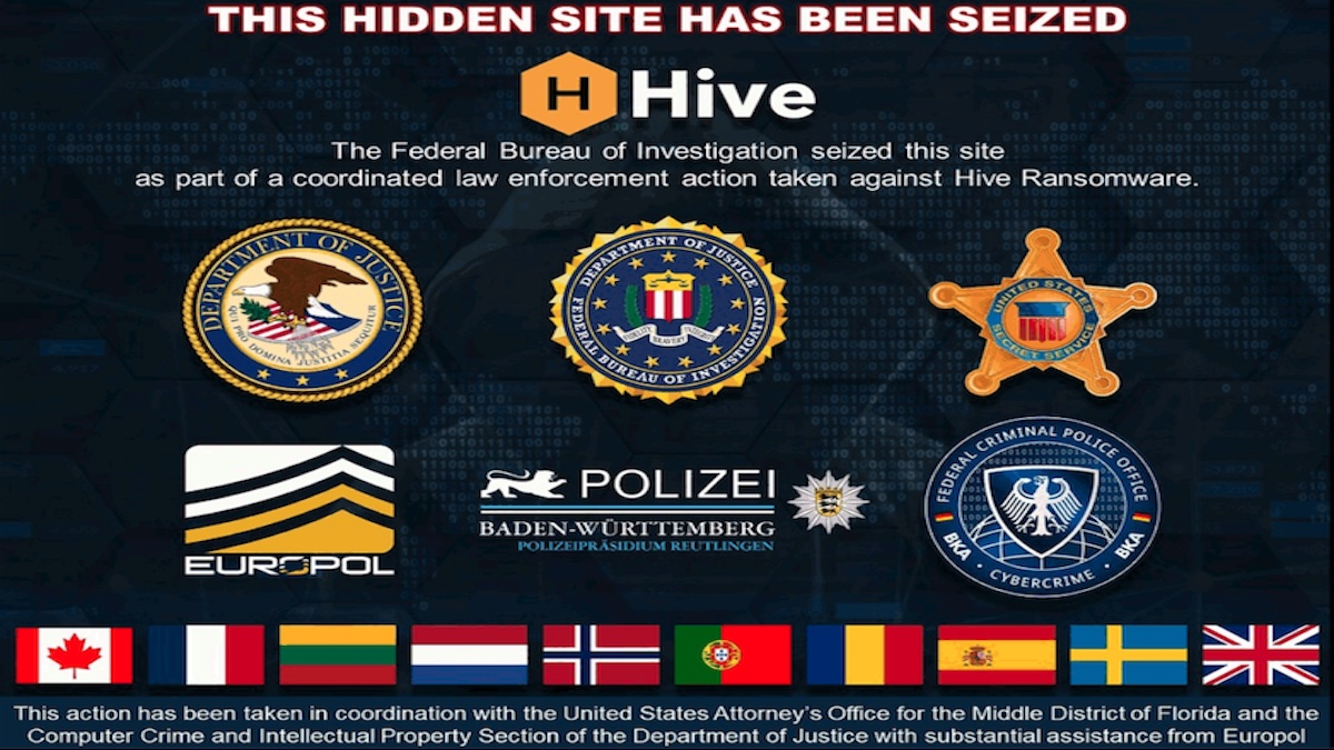画像 4 は、FBI が押収した後の Hive ランサムウェアの Tor サイトのスクリーンショットです。This hidden site has been seized. Hive のロゴと名前が表示されています。FBI は、Hive ランサムウェアに対する連携した法執行措置の一環として、このサイトを押収しました。世界中の法執行機関の 6 つのロゴと複数の国旗があります。 