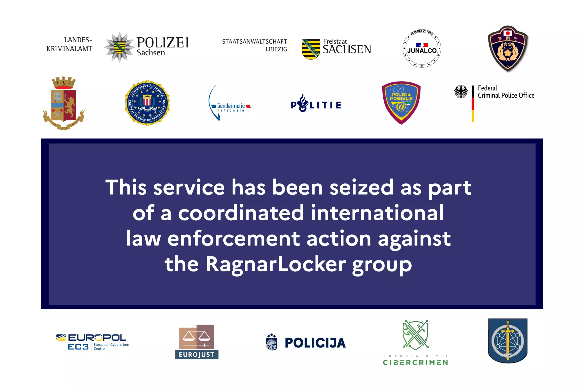 画像 5 は、法執行機関による押収が行われた後の Ragnar Locker の Tor サイトのスクリーンショットです。This service has been seized as part of a coordinated international law enforcement action against the RagnarLocker group. 世界中の法執行機関のロゴが多数表示されています。 