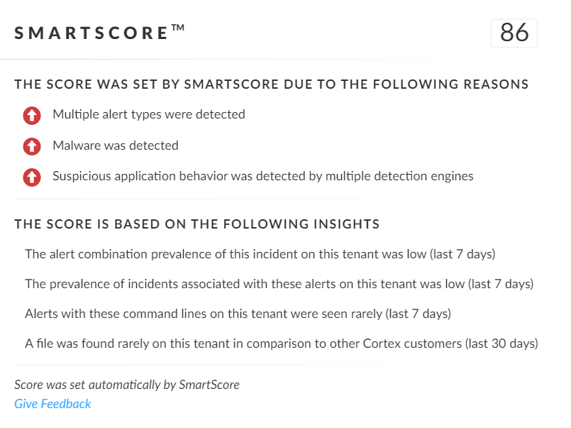 画像 19 は、合計スコアが 86 で、スコアが与えられた理由と洞察をリストした SmartScore インシデント情報のスクリーンショットです。 