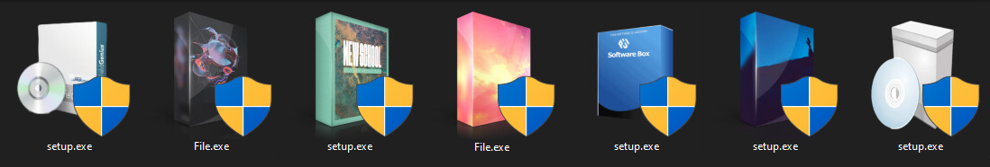 画像 4 は、青と黄色のシールドとペアになった悪意のあるインストーラーのアイコンの行です。それぞれの下に .exe ファイル名があります。
