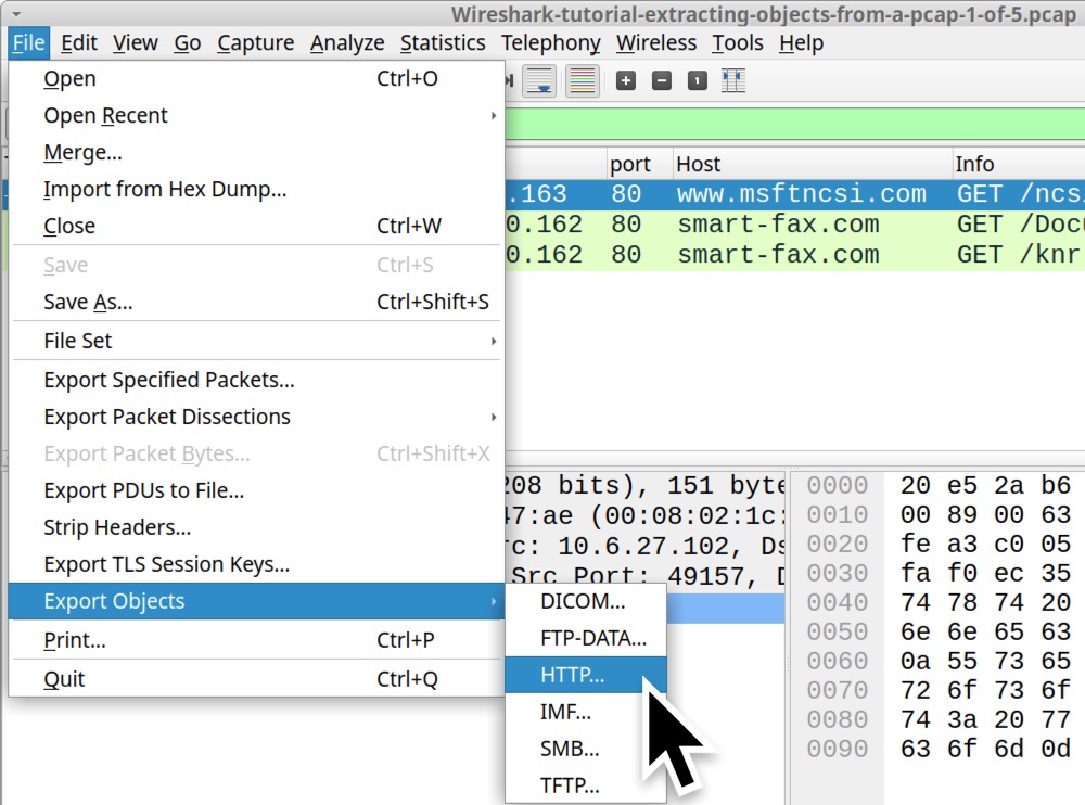 画像 3 は、Wireshark の [File (ファイル)] メニューのスクリーンショットです。[Export Objects (オブジェクトのエクスポート)] サブメニューが選択され、そのメニューから矢印で [HTTP...] が選択されています。 