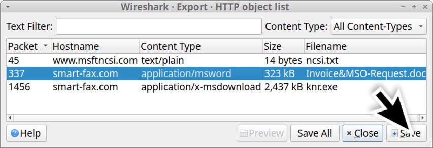 画像 4 は、「Wireshark Export HTTP object list (Wireshark・エクスポート・HTTP オブジェクト一覧)」というタイトルのウィンドウのスクリーンショットです。2 行目が選択されていて、黒い矢印が [Save (保存)] ボタンを指しています。