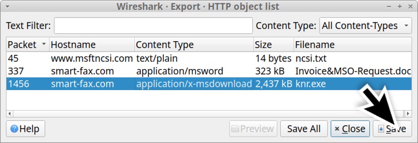 画像 5 は、「Wireshark Export HTTP object list (Wireshark・エクスポート・HTTP オブジェクト一覧)」というタイトルのウィンドウのスクリーンショットです。3 行目が選択されていて、黒い矢印が [Save (保存)] ボタンを指しています。