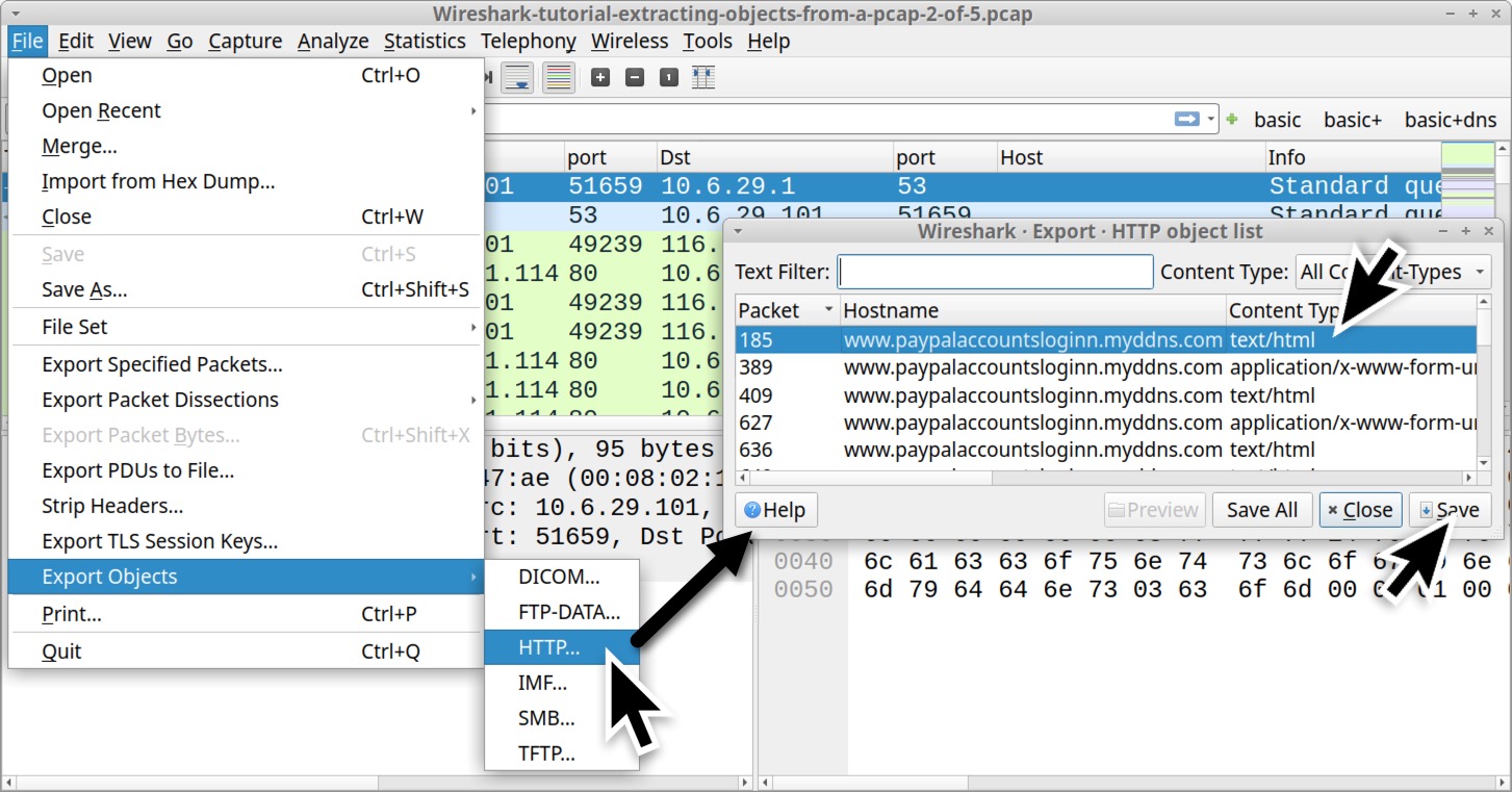 画像 7 は、Wireshark の [File (ファイル)] メニューのスクリーンショットです。[Export Objects (オブジェクトのエクスポート)] サブメニューが選択され、そのメニューから矢印で [HTTP...] が選択されています。黒い矢印は、「Wireshark Export HTTP object list (Wireshark・エクスポート・HTTP オブジェクト一覧)」というタイトルの新しいポップアップ ウィンドウを指しています。1 行目が選択されていて、黒い矢印が [Save (保存)] ボタンを指しています。