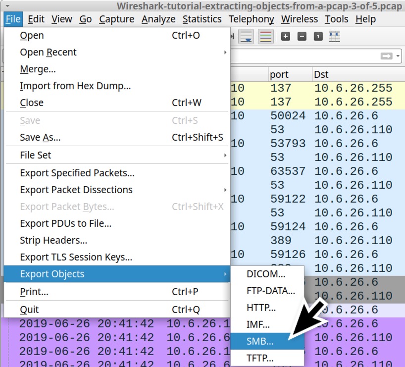 画像 9 は、Wireshark の [File (ファイル)] メニューのスクリーンショットです。[Export Objects (オブジェクトをエクスポート)] が選ばれています。サブメニューから [SMB...] を選んでいます。