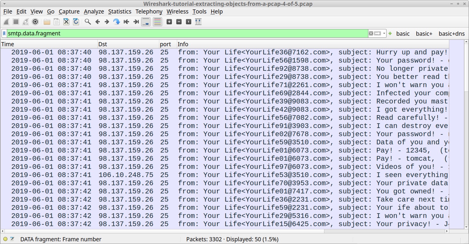 画像 11 は、フィルターを「smtp.data.fragment」に設定した Wireshark のスクリーンショットです。