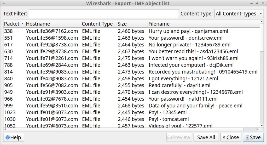 画像 13 は、「Wireshark Export SBM object list (Wireshark・エクスポート・IMF オブジェクト一覧)」というタイトルのウィンドウのスクリーンショットです。列には、packet (パケット)、hostname (ホスト名)、content type (コンテントタイプ)、size (サイズ)、filename (ファイル名) が含まれています。 