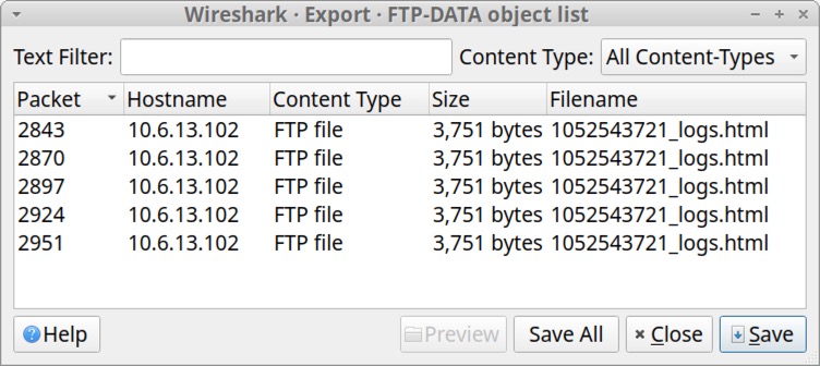 画像 17 は、「Wireshark Export FTP-DATA object list (Wireshark・エクスポート・FTP-DATA オブジェクト一覧)」というタイトルのウィンドウのスクリーンショットです。列には、packet (パケット)、hostname (ホスト名)、content type (コンテントタイプ)、size (サイズ)、filename (ファイル名) が含まれています。 