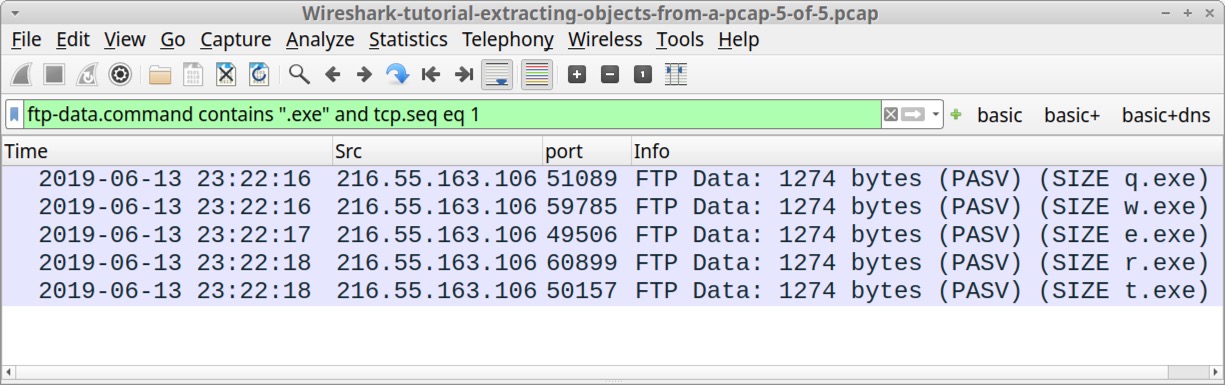 画像 19 は、フィルターを ftp-data.command contains ".exe" and tcp.seq eq 1 に設定した Wireshark のスクリーンショットです。 