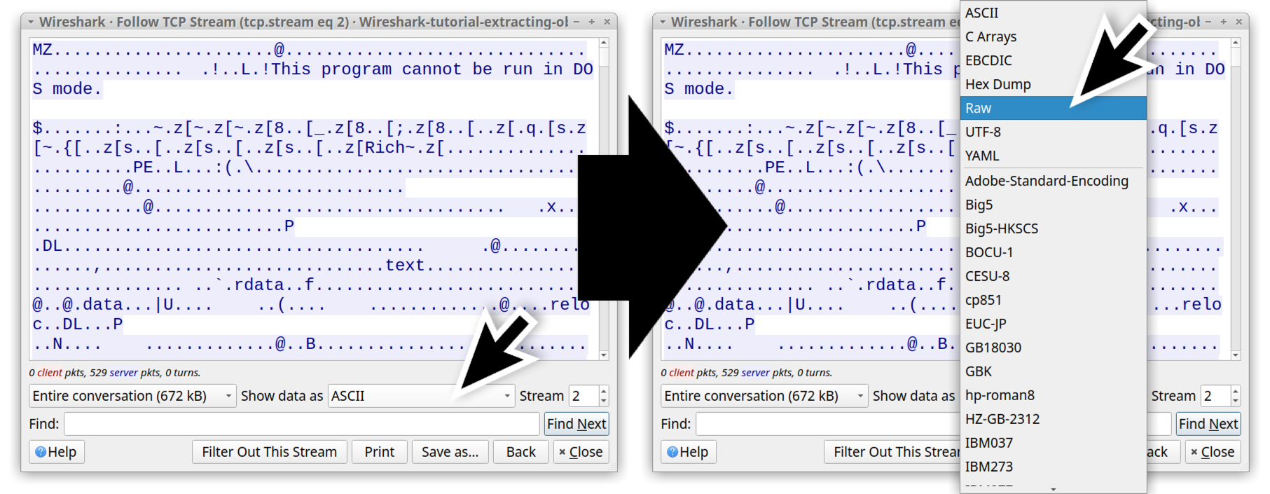 画像 21 は、同じ 2 つの TCP ストリーム ウィンドウを並べて表示したスクリーンショットです。左側のウィンドウでは、黒い矢印が [Show data as (としてデータを表示)] ドロップダウン メニューで「ASCII」を指しています。べつの黒い矢印が左ウィンドウから右ウィンドウに伸びていて、この右ウィンドウでは、同じドロップダウン メニューから [Raw (Raw (無加工) 形式)] が選ばれています。 