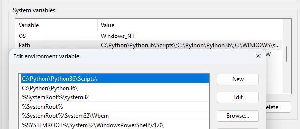 画像 2 は、[Edit environment variable (環境変数の編集)] ウィンドウにリストされている Python フォルダーのスクリーンショットです。New (新規)、Edit (編集)、Browse (参照) というボタンが表示されています。 