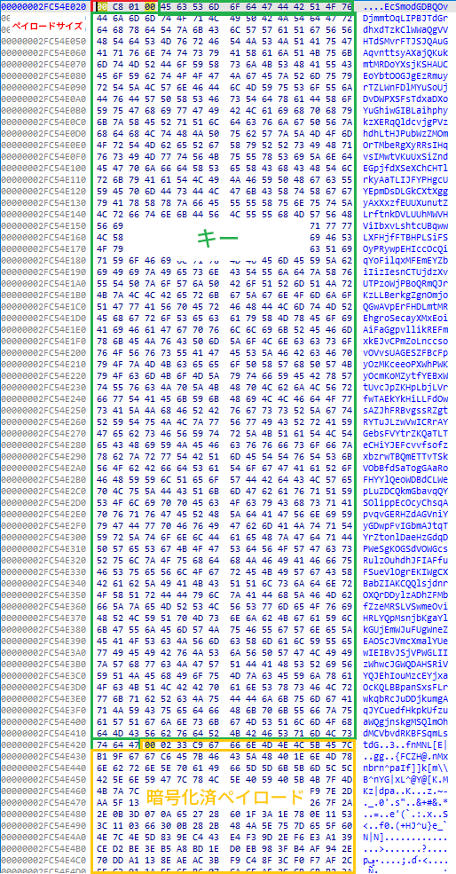 図 9 は、暗号化されたコードのスクリーンショットです。この図には、緑色の四角でキー部分、黄色の四角で暗号化されたペイロード部分、赤色のテキストでペイロード サイズが示されています。
