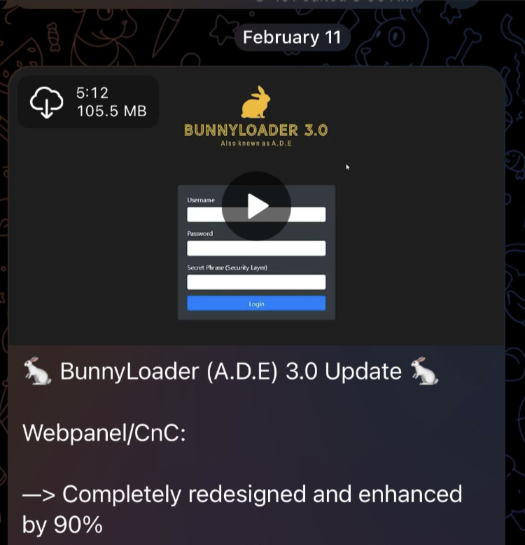 画像 5 は、Telegram で宣伝されている BunnyLoader のスクリーンショットです。2月11日。BunnyLoader のビデオ。動画は BunnyLoader のログイン ページのものです。ダウンロード ボタン。105.5 MB。BunnyLoader (ADE) 3.0 Update. Webpanel/CnC. Completely redesigned and enhanced by 90%. 