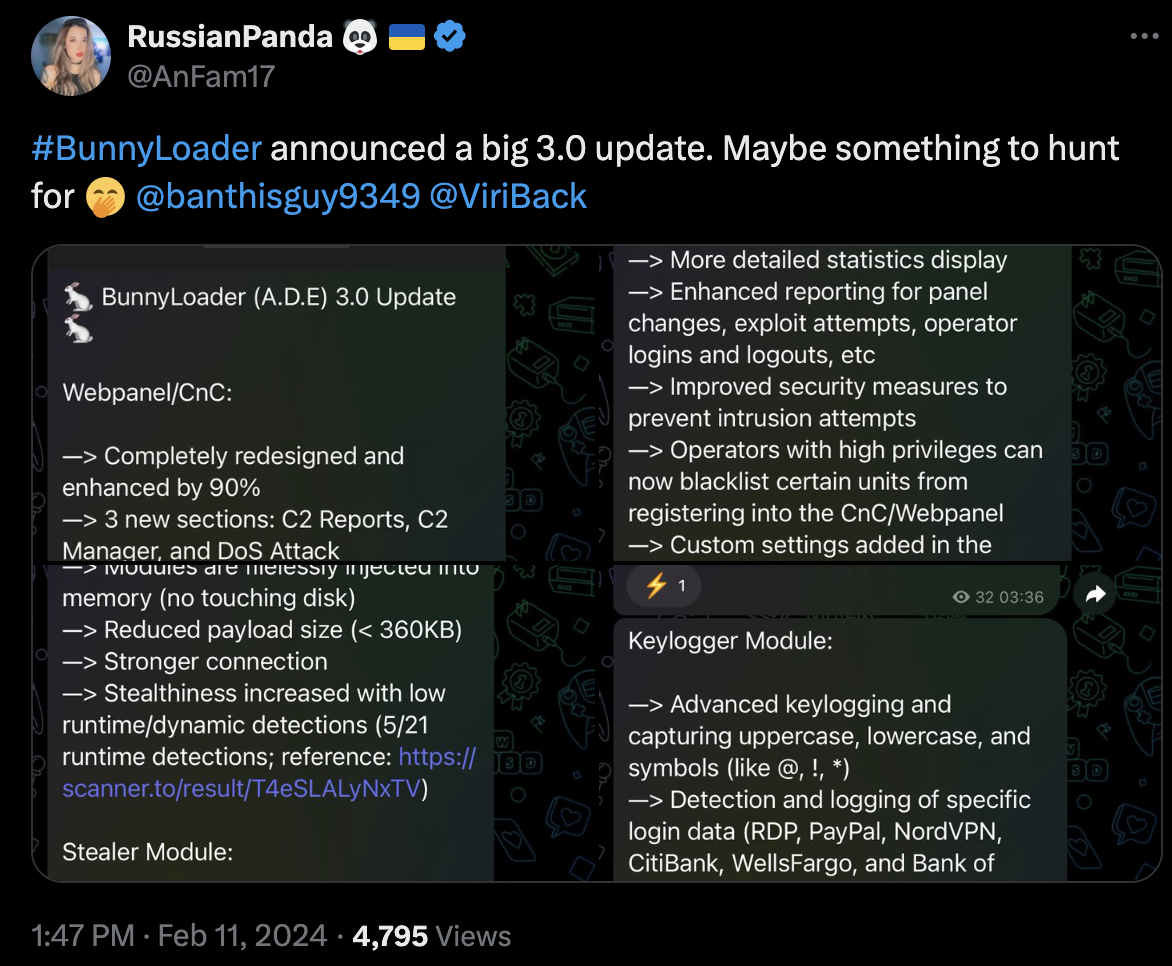 画像 6 は、@RussianPanda による X (旧 Twitter) への投稿のスクリーンショットです。BunnyLoader は 3.0 での大規模な更新を発表しました。Maybe something to hunt for. 手で口元を覆って笑っている絵文字アイコン。彼女は投稿内で 2 人の異なる人物にタグを付けています。マルウェアに対するアップグレード リストを含む BunnyLoader アップデートのスクリーンショット。