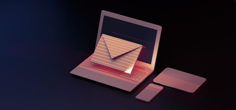 A stylized digital illustration depicting an open laptop with a glowing envelope icon on the screen, indicating an email interface. The laptop is accompanied by a smartphone and a closed tablet, all rendered in a similar design with a metallic red finish. The background is dark with a subtle, wave-like pattern that enhances the techno-futuristic ambiance of the scene.