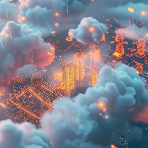 Illustration of a futuristic city with glowing orange and blue lights, surrounded by clouds and digital elements, conveying a high-tech, cybernetic theme.