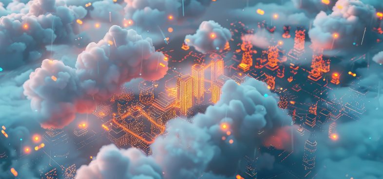Illustration of a futuristic city with glowing orange and blue lights, surrounded by clouds and digital elements, conveying a high-tech, cybernetic theme.