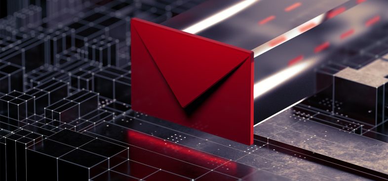 A three-dimensional illustration of a stylized red envelope moving along a futuristic conveyor belt, surrounded by dark metallic cubic structures with glowing elements, suggesting phishing or data transmission themes.