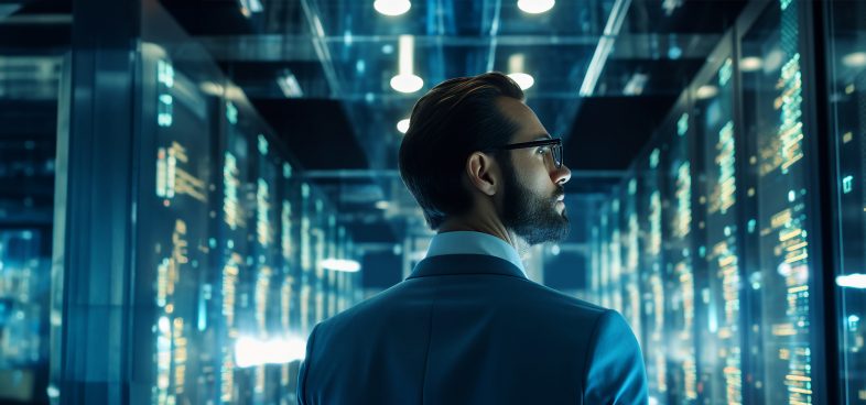 A person in a business suit stands in a modern data center illuminated by blue lights, looking contemplatively at server racks.