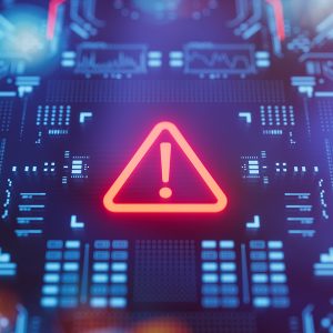 Pictorial representation of a vulnerability discovered in Harbor. Close-up view of a circuit board with an illuminated exclamation mark symbol at the center, surrounded by intricate blue circuitry and digital data elements, indicating a warning or error in the system.