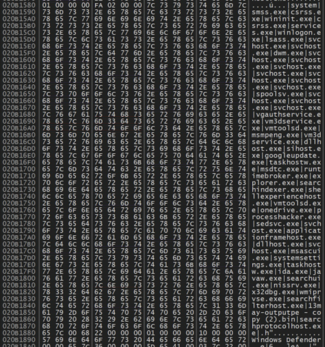 16 進コードと対応する ASCII テキストで埋め尽くされた画面に「svchost.exe」や「smsvchost.exe」などのさまざまなシステム プロセスが表示されています。