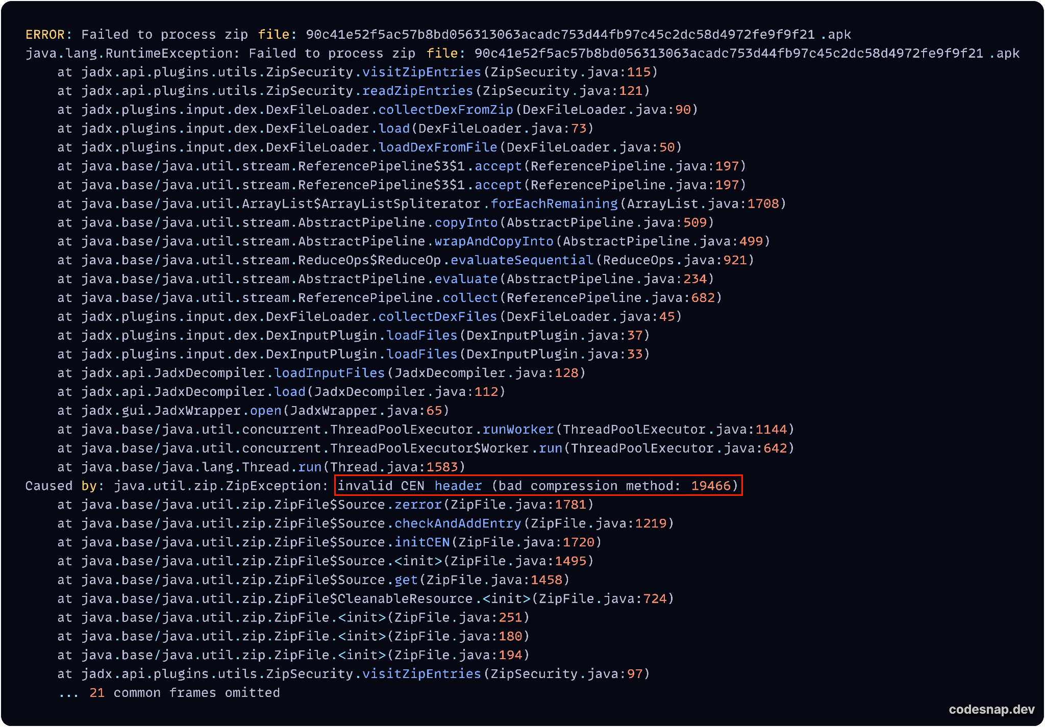 画像 11 は多数のコード行からなるスクリーンショットです。赤い矩形で強調表示されている行は、jadex がサンプルを処理できなかったエラーを示しています。 