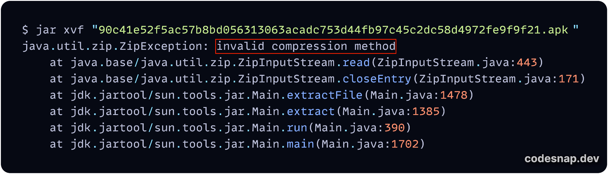 画像 12 は、何行ものコードのスクリーンショットです。JAR が XML ファイルを抽出できなかったエラーを示す行が赤い矩形で強調表示されています。invalid compression method (圧縮メソッドが無効です) 