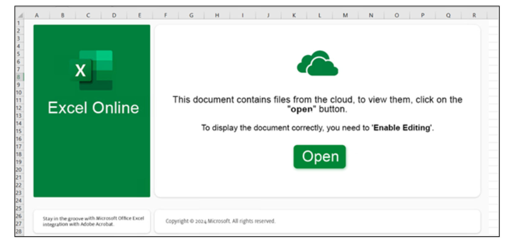 クラウドからのファイルに関するメッセージと、編集を可能にする [Open (開く)] ボタンを表示する Excel Online インターフェイスのスクリーンショット。