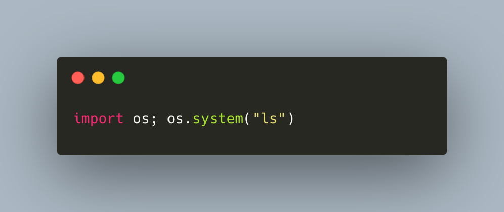 Python コードを表示するコーディング ターミナルのスクリーンショット。このコードは 'os' モジュールをインポートし、Linux の 'ls' コマンドを実行してディレクトリーの内容を一覧表示します。ターミナル ウィンドウにはダーク テーマが設定されていて、黒い背景と白いテキストが表示されています。ウィンドウの左上隅には macOS の 3 色のボタン (左から赤の閉じるボタン、黄のしまうボタン、緑の画面サイズ変更 ボタン) があります。