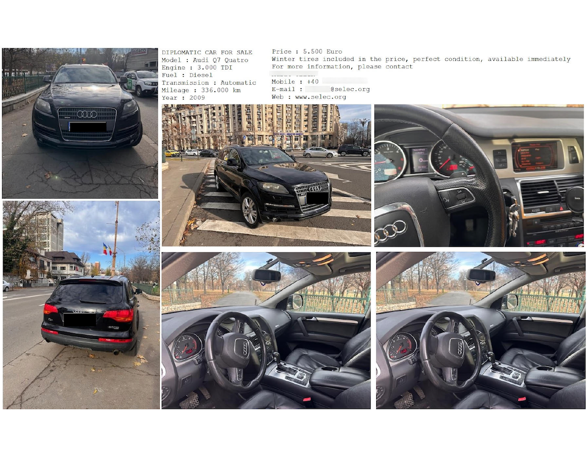 売り出し中の中古 Audi Q7 を示した 6 枚の写真。上の 3 つの画像は、路上に駐車された黒いアウディの正面、側面、背面の外観を示しています。左下の画像には車のダッシュボードが写っており、走行距離計が 150,390 km を示しているのが強調されています。次の 2 つの画像は、ステアリング ホイールとコントロール パネルをさまざまな角度から撮影したもので、車内の様子を示しています。上部中央の画像には、車に関するテキストの詳細があり、価格や年式、モデル、燃料、トランスミッションの種類、走行距離、web の連絡先の詳細、状態の説明、在庫状況がすべて読みやすいフォントに統一して入力されています。